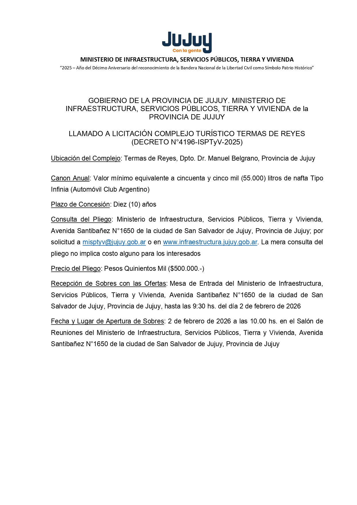 LICITACIÓN COMPLEJO TURÍSTICO TERMAS DE REYES (DECRETO N°4196-ISPTyV-2025)
